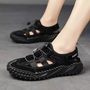 Fashion Hollow Out Summer Flats Genuine Leather Mens Fashion Casual Shoes Outdoor Men Leather Sandals for Men Handmade New Beach Shoes 38 серый