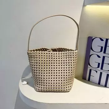 Fashion Hollowed-out Woven Bucket Bag Large Capacity Underarm Bag Women s 2025 New Arrival All-Match Commute Mother and Child Bag Shoulder Bag Apricot (In Stock)