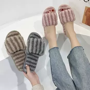 Fashion Home Slippers Women Autumn Winter Cotton Shoes Furry Slides Fashion Comfortable Flat Women Casual Shoes Indoor Zapatos De Mujer 36-37 серый