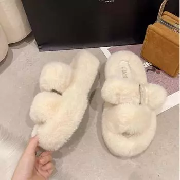 Fashion Home Thick Sole Cotton Slippers Women Winter 2024 Autumn New Matsuke Sole Fashion Outside Short Plush Slippers Med (3cm-5cm) 35 хаки