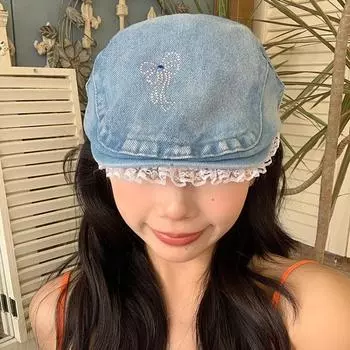 Модные горячие береты с кружевным бантом и бриллиантами для женщин на весну и лето, повседневные универсальные корейские версии, ретро-джинсовая шляпа Forward 56-58cm светло-синий