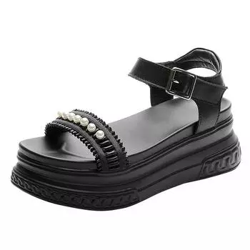 Fashion Hot quality 7cm Pearl Rhinestone Genuine Leather Women Platform Sandals Wedge Slippers WomenShoes Slides Gladiator Sandals 2024 33 бежевый