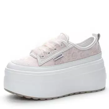 Fashion Hot quality 8cm Denim Print Cloth Genuine Leather Autumn Casual Chunky Sneaker Pumps Comfy Platform Wedge High Spring Shoes 2024 33 бежевый