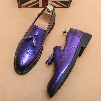 Fashion Hot Sale Fashion Purple Formal Dress Shoes Men Luxury Leather Brogue Shoes Men Designer Tassel Loafers Men Party Wedding Shoes 38