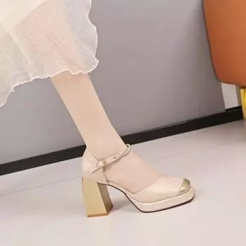 Fashion Hot Sale Shoes Female Autumn Women Pumps One-word Buckle Square Toe Mixed Colors Water Proof Fashion Dress Sexy High Heels 35 бежевый