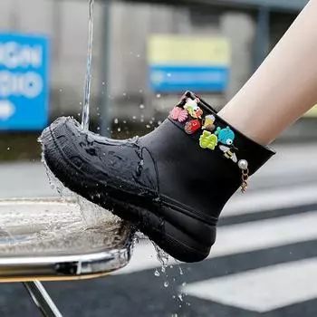Fashion Hot Sale Women 2024 New Fashion Thick Ladies Casual High Rain Boots Solid Color Outdoor Waterproof Rain Women s Boots 35-36 чёрный