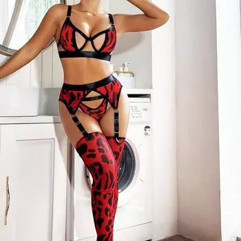 Модный хит продаж, новый комплект нижнего белья с сетчатым принтом леопарда, состоящий из четырех предметов, с чулками S