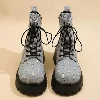 fashion Hot Selling New Women s Boots Lace-up High Heel Shoes for Women Round Toe Square Heel Modern Boots Outdoor Dress Platform Boots 35 чёрный