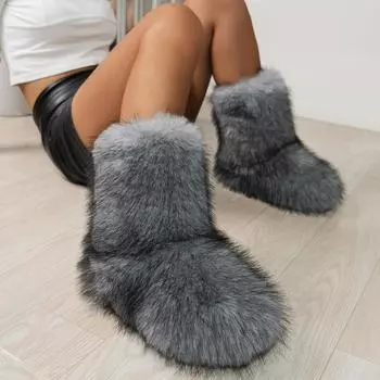 fashion Hot Selling Winter Women s Boots Round Toe Flat Shoes for Women Slip on Mid-calf Modren Boots Outdoor Fashion Anti-slip Shoes 36 серый