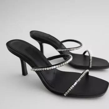 Fashion hot Women s Shoes Black Square Head Rhinestone Accessories High-heeled Sandals 2024 New 35 чёрный