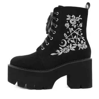 fashion Hot Women s Suede Embroidered High Heel Ankle Boots Chunky Heel Platform Boots Black Women Side Zipper Short Boots Plus Size 43 35 чёрный