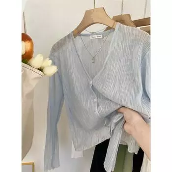 Модные вязаные кардиганы из ледяного шелка, женские, тонкая рубашка с V-образным вырезом и длинным рукавом, весенне-летняя, солнцезащитная шаль, куртка, блузка с кондиционером, топ 1488 One Size чёрный