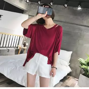 Fashion Idle Style Loose Plus Size Pure Color off-the-Shoulder V-neck Modal Short-Sleeved T-Shirt Half Sleeve Irregular Top Female Summer Burgundy Single code