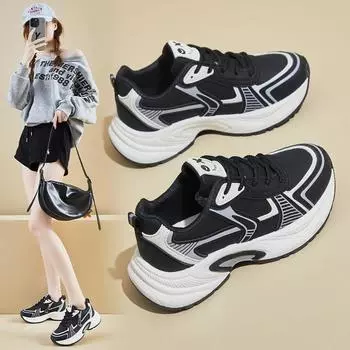 Fashion Increased Thick-soled Sneakers for Women 2024 Autumn and Winter New Style Genuine Leather Casual Fashion Shoes Sneakers 35 чёрный