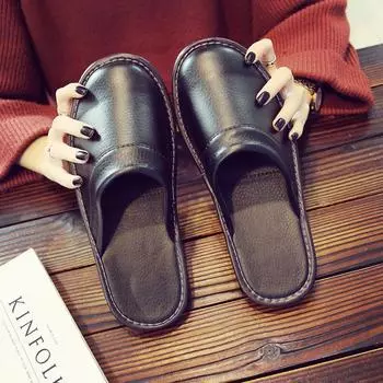 Fashion Indoor Leather Slippers Men Home Cheap Shoes 2024 Spring New Style Flat Mules High Quality Unisex House Slippers 4.5 красный