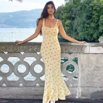 Fashion Ins Fashion Sexy Vacation Style Yellow Floral Suspender Skirt French Slim Fit below the Knee Maxi Dress Summer Yellow S