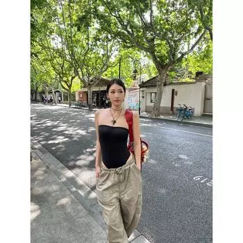 Fashion Ins Sexy Style off-Shoulder Tube Top Spaghetti-Strap Camisole Top Female Summer Sexy Silm Figure Flattering Jumpsuit Black L