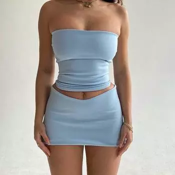 Fashion Ins Solid Color Sheath Spring/Summer Sexy Tube Top Blue M