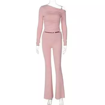 Fashion Ins Style Fashion Suit Women s One-Shoulder Cold-Shoulder Ruched High Waist Long Sleeves T-shirt Flanging Bootcut Pants Two-piece Set Pink M