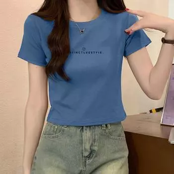 Fashion Ins Trendy Short Tops T-shirt Women s Summer Cotton New Design Sense Niche Style Sexy Short Sleeve Casual Silm Blue [thin letter-Black]] L(116-125])