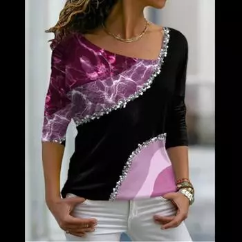 Модные женские футболки с нерегулярным диагональным воротником, с цветочным 3D-принтом, с длинным рукавом, свободная осенняя женская одежда, рубашка в стиле Харадзюку XS