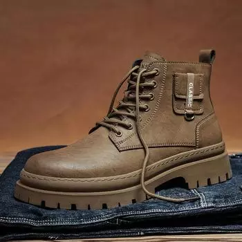 Fashion Italian Men Casual Leather Ankle Boots Outdoor Round Toe Boots Classic Luxury Flat Designer High Top Ankle Boots Walking Shoes 39 чёрный