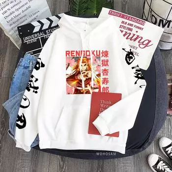 Fashion Japan Anime Demon Slayer Patchwork Sweatshirts Manga Cartoon Funny Rengoku Kyoujuro Print Winter Warm Oversized Hoodies XS чёрный