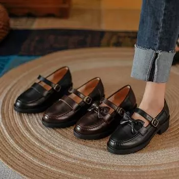 Fashion Japanese Retro Brown Cowhide Mary Jane Shoes Korean Black Belt Buckle Bowknot Women Shoes Student Shoes Pumps 34