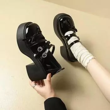 Модные туфли в японском стиле в стиле Лолита, женские туфли на каблуках и платформе, туфли Мэри Джейн, двубортные, с перекрестными шнурками, для девочек, повседневные туфли Kawaii 35 бежевый