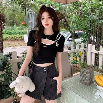 Fashion Jazz Style Women s Jazz Dance Short Tops Sexy Wear Match Stylish Fake Two Pieces Short Sleeve T-shirt Black XL