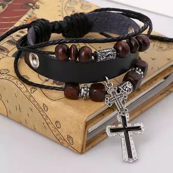 Fashion Jewelry Handmade Double Cross Pendant Beaded Leather Bracelets Adjustable Multilayer Braided ARI чёрный