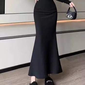Fashion K-style High Waist Slim Looking Solid Skirt Black S