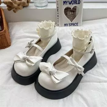 Fashion Kawaii sweet Bowknot White Lolita Shoes Women 2024 Heart Buckle Platform Mary Janes Woman Japanese Style Patent Leather Jk Shoes 35 белый