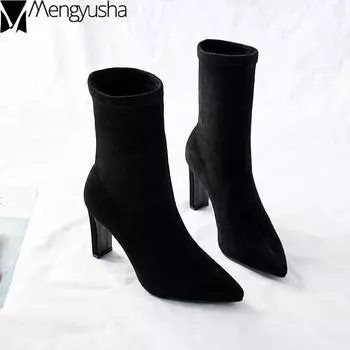 Fashion Kid suede high heels chelsea boots woman elegant solid brief mid-calf botas mujer pointed toe stretch socks botines winter plush 4.5