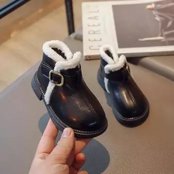 Fashion Kids Casual Boots Plush Spring and Autumn New Buckle Children Leather Boots for Boys Drop Shipping Girls Short Boots PU 21 чёрный