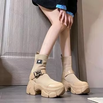 Fashion Knit Knitted Elastic Boots Women New 2025 Fashion Sports Platform Boots Ladies Designer Buckle Slip-on Casual Woman Ankle Boots 34 хаки
