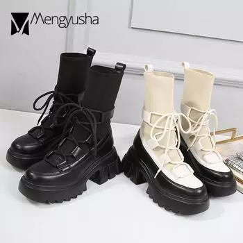 Fashion Knitted Lace up riding boots women high heels stretch sock boots platform shoes thick soled mid-calf botas mujer plus size 34-43 4.5 абрикосовый