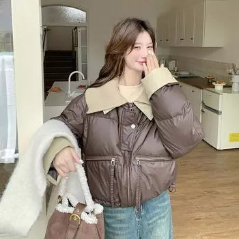 FASHION knitted large lapel pu leather jacket down jacket women s winter 2024 new Kendou style short white duck down bread jacket Clothes S темно-коричневого