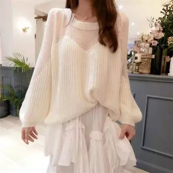 Fashion Knitted Pullover Loose Women Sweater Elegant Casual Simple Lantern Long Sleeve Tops Sweet Hollow Out Sweaters Autumn Woman Clothes one size