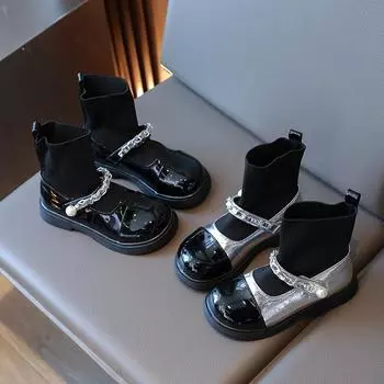 Модные вязаные носки, сращиваемые носки, ботинки, ботинки Martin для девочек, осенне-зимние детские ботинки 26 чёрный