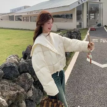 FASHION Knitted Splicing Navy Neck Down Jacket Women s 2024 New Short Skinny Korean Version Small White Duck Down Jacket Clothes S