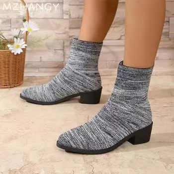Fashion Knitting Women Snow Ankle Boots Designer Mid Heels Shoes Winter Classic Sock Boots 2024 Tremd Winter Pumps Goth Botas De Muje 36 серый