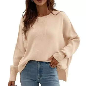 FASHION KOKKO O-образный вырез, длинные рукава, ребристая отделка, разрез по низу, свитер, зимний однотонный свободный теплый свитер-пуловер S белый