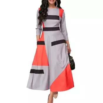FASHION KOKKO Плюс Размер Модное Женское Платье Макси в Полоску с Цветными Блоками и Рукавом 3/4 с О-Образным Вырезом S серый