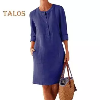 FASHION KOKKO Plus Size Повседневная однотонная хлопковая льняная женская туника с длинным рукавом Платье-кафтан M темно-синий