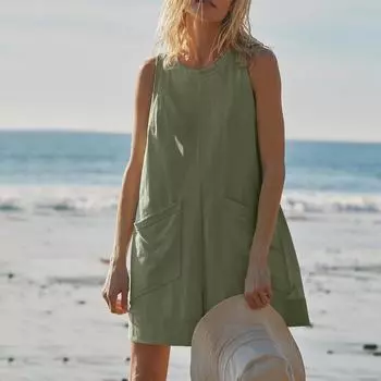 FASHION Комбинезон свободного покроя для женщин, повседневный, без рукавов, широкий комбинезон-капри с карманами S бежевый