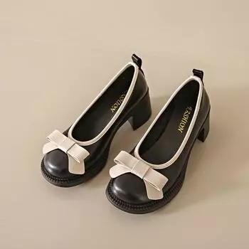 Fashion Korean Retro Thick Heel Small Leather Shoes 2024 Spring New Fashion Bow Decoration Casual Thick Sole Elevated Single Shoe Women 35 покинуть белый