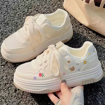 Fashion Korean style cute Lolita sports shoes girls Kawaii flower bear board shoes summer students Trendy platform lace up tennis shoes 4.5