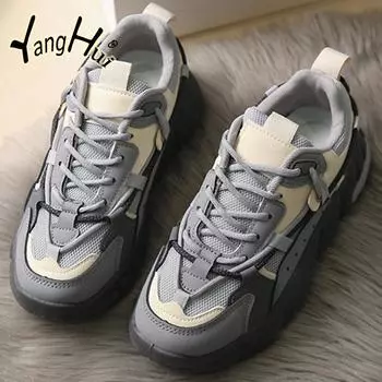 Fashion Korean Style Mesh Breathable Comfortable Sports Womens Shoes 2024 Fashion Increase Thick Bottom Anti-slip Sneakers Spring Summer 35 бежевый