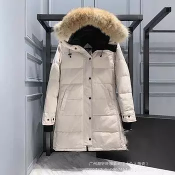 FASHION Куртка на гусином пуху женская средняя и длинная куртка с большой волчьей шерстью Одежда XS чёрный